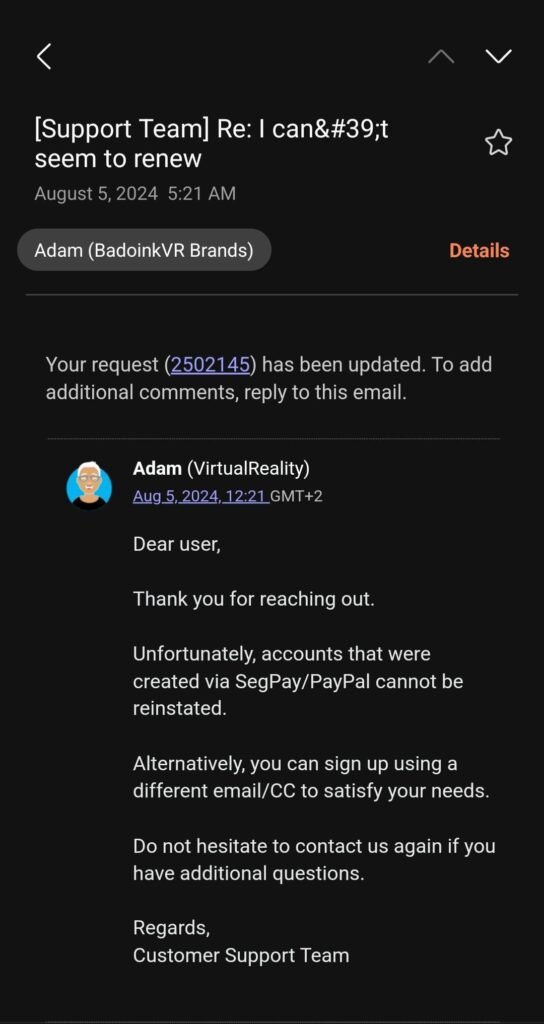 An email I got from BadoinkVR regarding a membership renewal issue using Segpay/Paypal